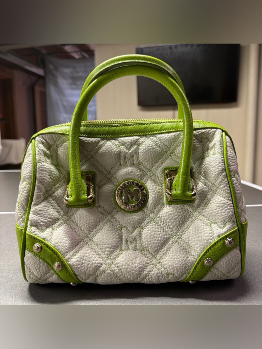 Metrocity Italy White Lime Green Quilted Leather Satchel Handbag Gold‎ Hardware